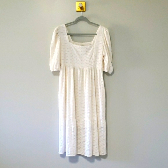 Monsoon and Beyond Women Midi Dress Large Ivory Tier Eyelet Puff Sleeve Pockets - Picture 1 of 16